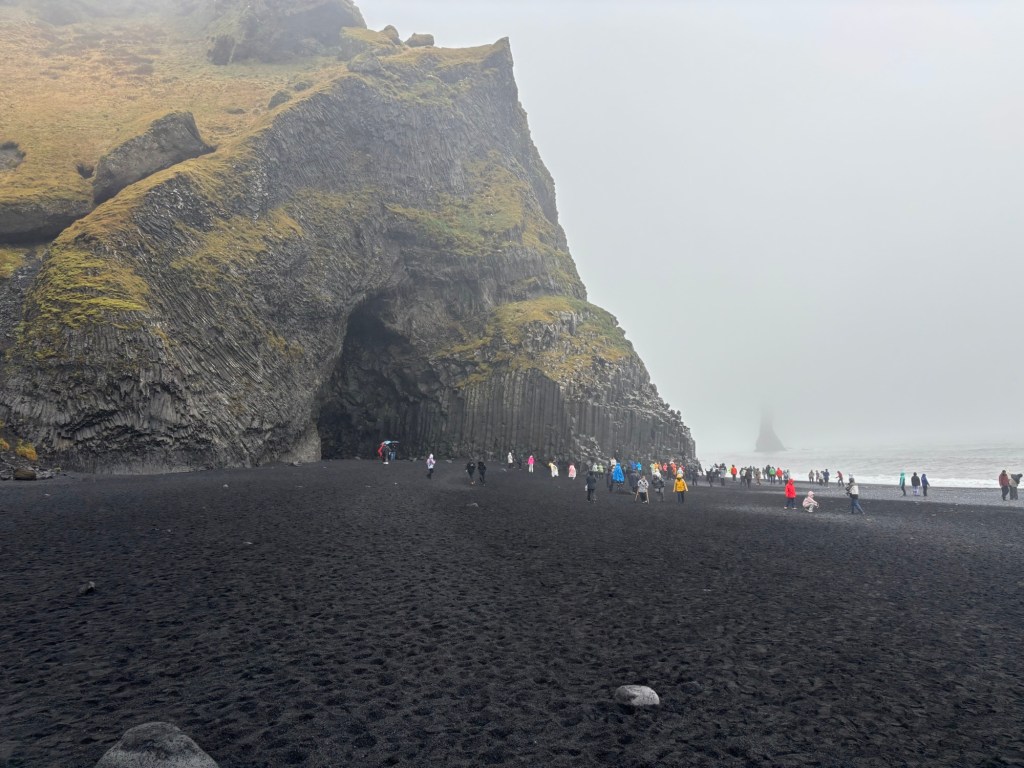 Black sand beach with rocky cliff in the background.