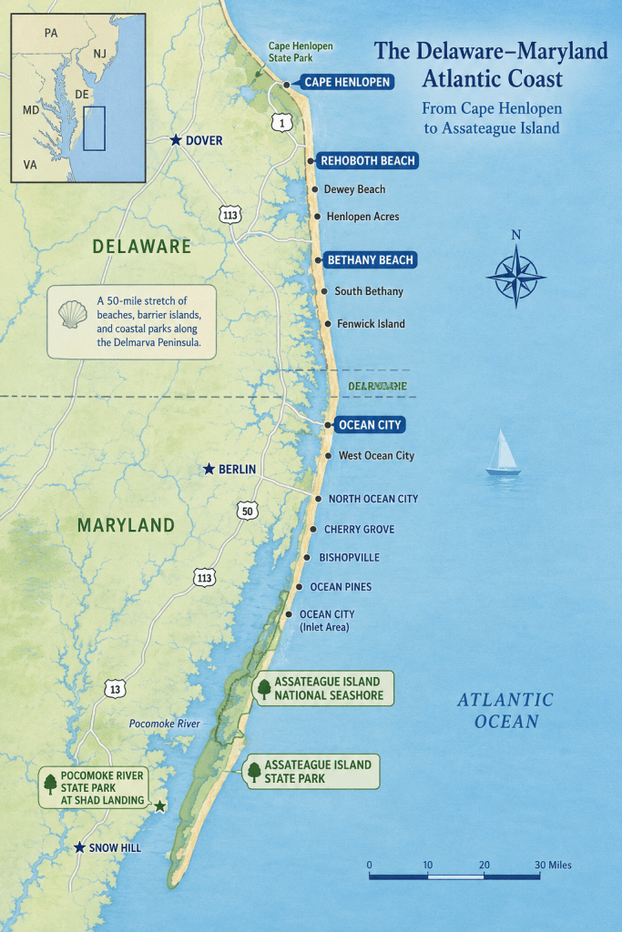 It's a map of the Atlantic coastline in Maryland and Delaware from Cape Henlopen to Assateague Island.